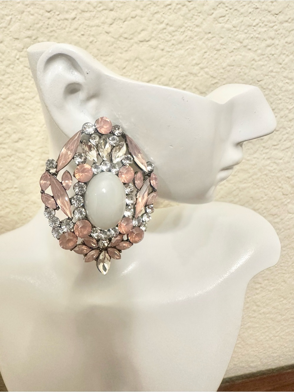 Pink Acrylic and White Crystal Oval Statement Earrings - Pewter-Tone